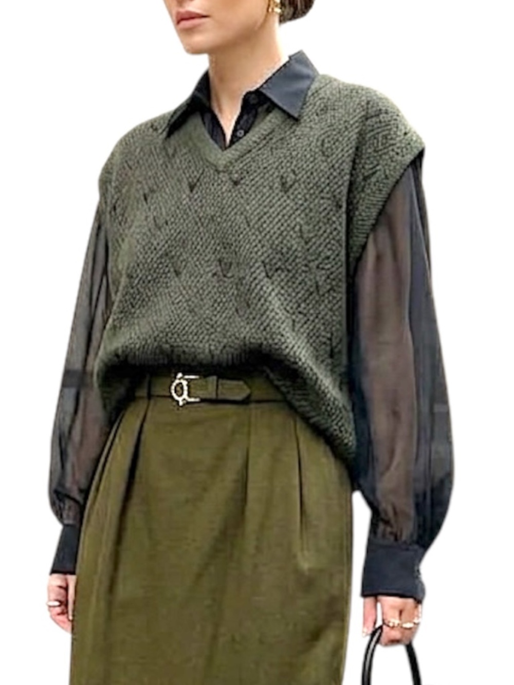 VTG 90s boxy oversized v neck green geometric pullover grandpa sweater vest L